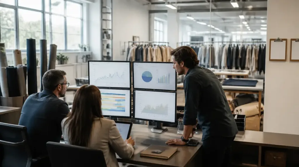 Equipe de confecção acompanhando comercial, produção e financeiro em sistema integrado
