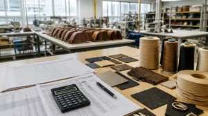 Mesa com planilhas, calculadora e materiais de produção em uma fábrica de produtos personalizados