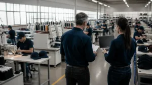 Gestores analisando o PCP em uma fábrica de bonés