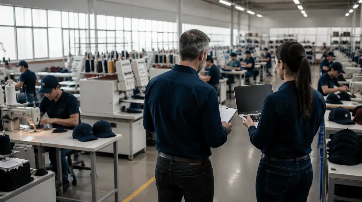 Gestores analisando o PCP em uma fábrica de bonés